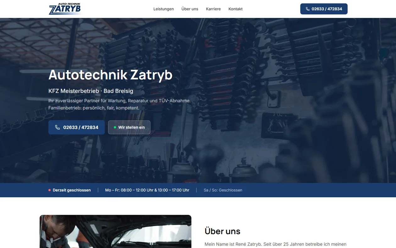 Desktop-Ansicht der Website von Autotechnik Zatryb