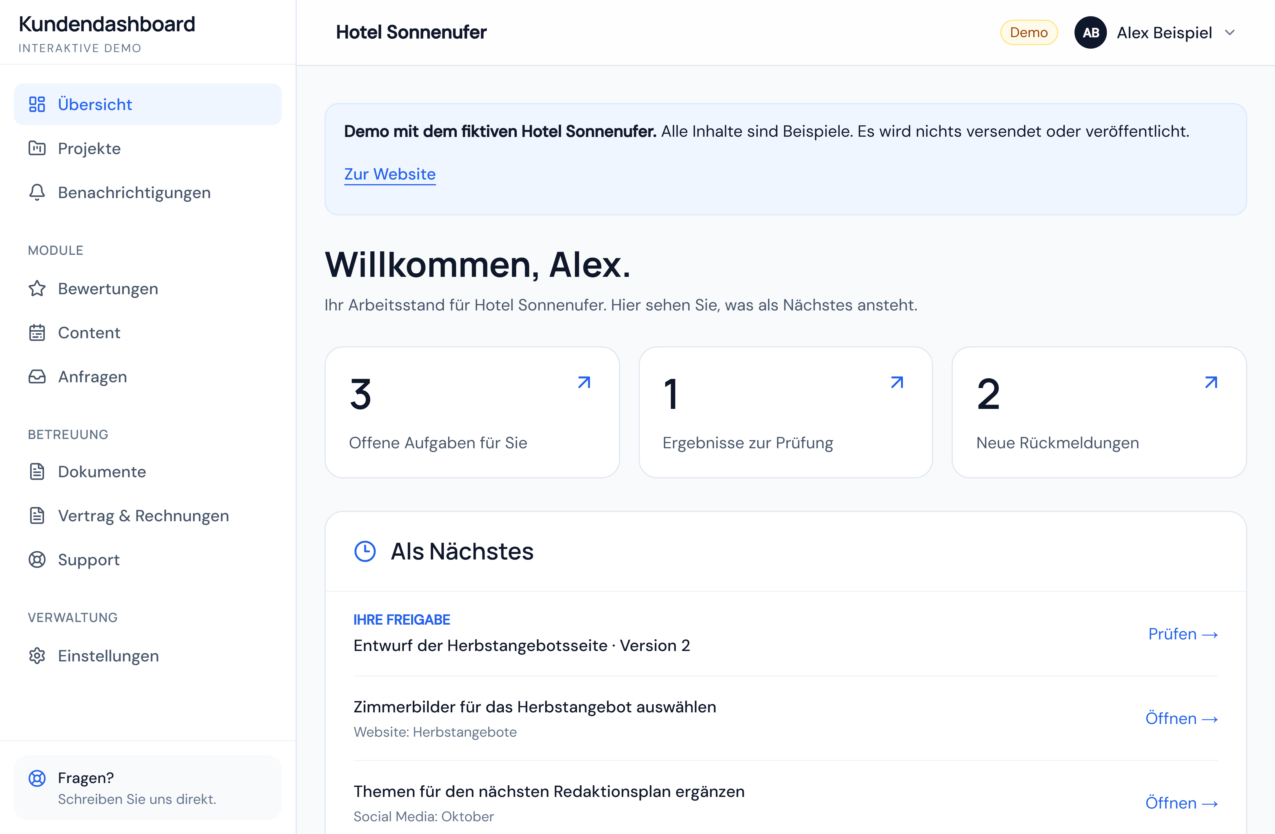 Dashboard-Startseite mit offenen Aufgaben, Ergebnissen zur Prüfung und neuen Rückmeldungen.