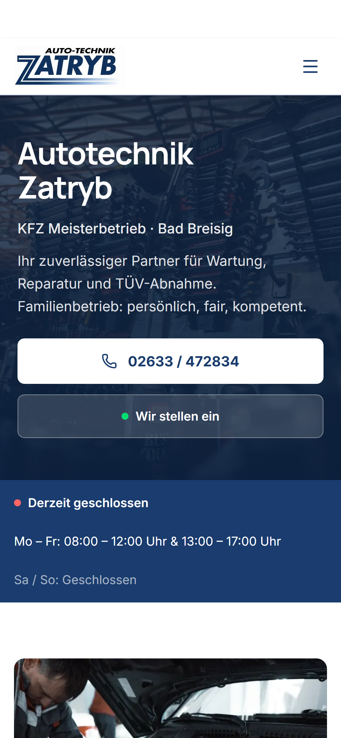 Autotechnik-Zatryb-Website in der mobilen Ansicht mit Werkstattleistungen und Kontaktmöglichkeiten.